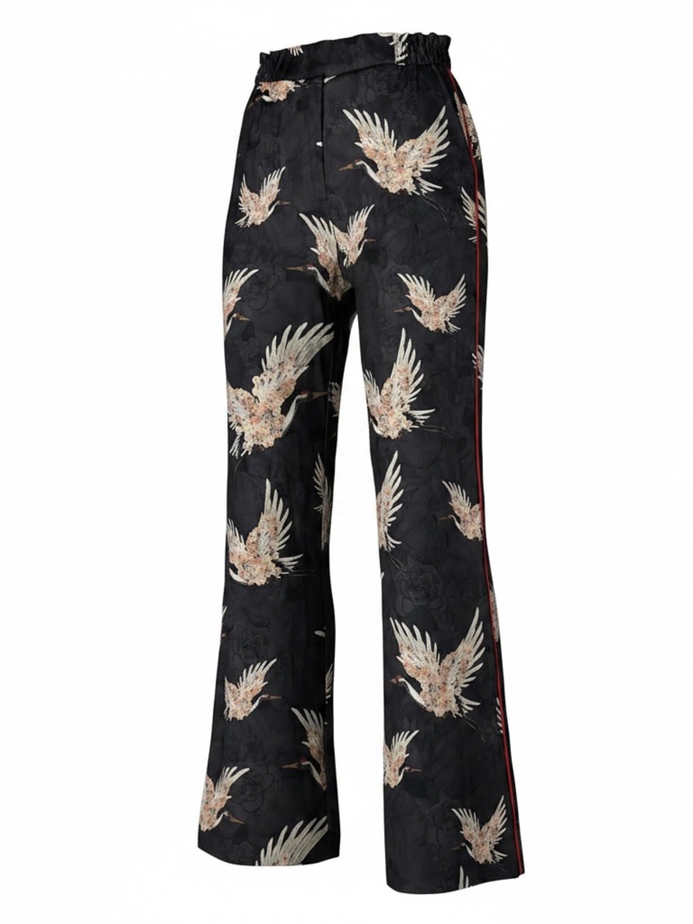 Black Wide-Leg Printed Crane Tuxedo Style Pants, Red Piping on Side, Size 6